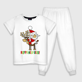 Детская пижама хлопок с принтом Happy New Year Санта на олене в Петрозаводске, 100% хлопок |  брюки и футболка прямого кроя, без карманов, на брюках мягкая резинка на поясе и по низу штанин
 | Тематика изображения на принте: christmas | happy new year | holiday | new year | on a reindeer | santa claus | sitting | на олене | новый год | праздник | рождество | санта клаус | сидит | счастливого нового года