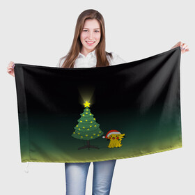 Флаг 3D с принтом Пикачу с Ёлкой в Петрозаводске, 100% полиэстер | плотность ткани — 95 г/м2, размер — 67 х 109 см. Принт наносится с одной стороны | pikachy | гирлянда | елка | пикачу | покемон | шарики | электричество