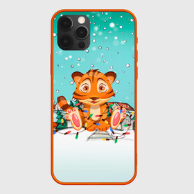 Чехол для iPhone 12 Pro с принтом Тигренок запутался в гирляндах в Петрозаводске, силикон | область печати: задняя сторона чехла, без боковых панелей | 2022 | год тигра | новый год | новый год 2022 | символ года | тигр | тигренок | тигрица | тигры