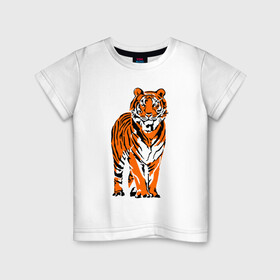 Детская футболка хлопок с принтом Тигр в джунглях в Петрозаводске, 100% хлопок | круглый вырез горловины, полуприлегающий силуэт, длина до линии бедер | 2022 | big cat | happy new year | jungle | palms | predator | tiger | year of the tiger | большая кошка | год тигра | джунгли | пальмы | с новым годом | тигр | хищник