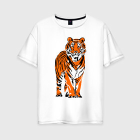 Женская футболка хлопок Oversize с принтом Тигр в джунглях в Петрозаводске, 100% хлопок | свободный крой, круглый ворот, спущенный рукав, длина до линии бедер
 | 2022 | big cat | happy new year | jungle | palms | predator | tiger | year of the tiger | большая кошка | год тигра | джунгли | пальмы | с новым годом | тигр | хищник