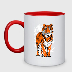 Кружка двухцветная с принтом Тигр в джунглях в Петрозаводске, керамика | объем — 330 мл, диаметр — 80 мм. Цветная ручка и кайма сверху, в некоторых цветах — вся внутренняя часть | 2022 | big cat | happy new year | jungle | palms | predator | tiger | year of the tiger | большая кошка | год тигра | джунгли | пальмы | с новым годом | тигр | хищник