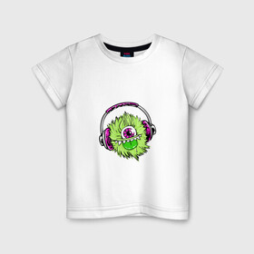 Детская футболка хлопок с принтом Монстр звука в Петрозаводске, 100% хлопок | круглый вырез горловины, полуприлегающий силуэт, длина до линии бедер | аудио | звук | монстр | монстрик | музыка | мультфильм | наушники | слушать