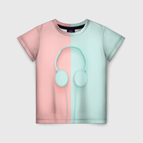 Детская футболка 3D с принтом Музыкальное настроение в Петрозаводске, 100% гипоаллергенный полиэфир | прямой крой, круглый вырез горловины, длина до линии бедер, чуть спущенное плечо, ткань немного тянется | гарнитура | голубое | музыка | музыкальное настроение | наушники | половины | розовое