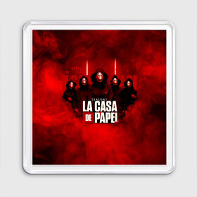 Магнит 55*55 с принтом БУМАЖНЫЙ ДОМ - LA CASA DE PAPEL - BELLA CIAO в Петрозаводске, Пластик | Размер: 65*65 мм; Размер печати: 55*55 мм | bella ciao | la casa de papel | бумажный дом | ла каса де | ла каса де папель | ла каса де пепел | лакаса | сериал | фильм