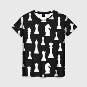 Женская футболка 3D с принтом Белые шахматные фигуры в Петрозаводске, 100% полиэфир ( синтетическое хлопкоподобное полотно) | прямой крой, круглый вырез горловины, длина до линии бедер | checkmate | chess | chess board | chess game | chess pieces | chess player | chessboard | gambit | game | king | pawn | queen | гамбит | игра | король | мат | партия | ферзь | фигуры | шахматист | шахматы