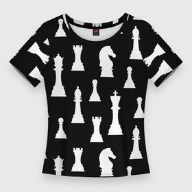 Женская футболка 3D Slim с принтом Белые шахматные фигуры в Петрозаводске,  |  | checkmate | chess | chess board | chess game | chess pieces | chess player | chessboard | gambit | game | king | pawn | queen | гамбит | игра | король | мат | партия | ферзь | фигуры | шахматист | шахматы
