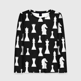 Женский лонгслив 3D с принтом Белые шахматные фигуры в Петрозаводске, 100% полиэстер | длинные рукава, круглый вырез горловины, полуприлегающий силуэт | checkmate | chess | chess board | chess game | chess pieces | chess player | chessboard | gambit | game | king | pawn | queen | гамбит | игра | король | мат | партия | ферзь | фигуры | шахматист | шахматы