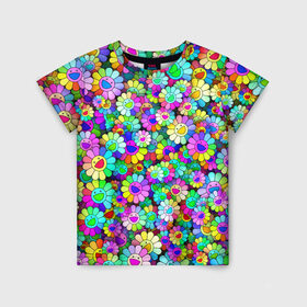 Детская футболка 3D с принтом Rainbow flowers в Петрозаводске, 100% гипоаллергенный полиэфир | прямой крой, круглый вырез горловины, длина до линии бедер, чуть спущенное плечо, ткань немного тянется | Тематика изображения на принте: takashi murakami | паттерн | радуга | смайл | такаси мураками | улыбка | цветы