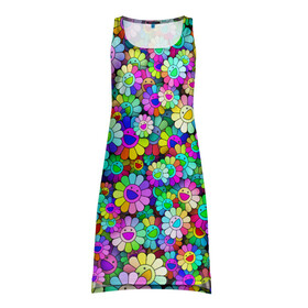 Платье-майка 3D с принтом Rainbow flowers в Петрозаводске, 100% полиэстер | полуприлегающий силуэт, широкие бретели, круглый вырез горловины, удлиненный подол сзади. | takashi murakami | паттерн | радуга | смайл | такаси мураками | улыбка | цветы