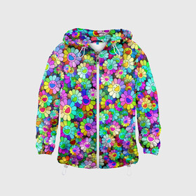 Детская ветровка 3D с принтом Rainbow flowers в Петрозаводске, 100% полиэстер | подол и капюшон оформлены резинкой с фиксаторами, по бокам два кармана без застежек, один потайной карман на груди | takashi murakami | паттерн | радуга | смайл | такаси мураками | улыбка | цветы