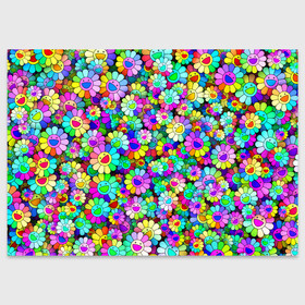 Поздравительная открытка с принтом Rainbow flowers в Петрозаводске, 100% бумага | плотность бумаги 280 г/м2, матовая, на обратной стороне линовка и место для марки
 | takashi murakami | паттерн | радуга | смайл | такаси мураками | улыбка | цветы