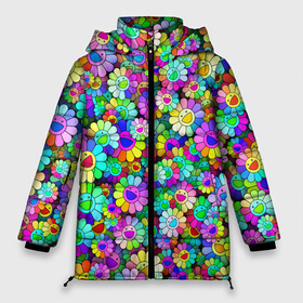 Женская зимняя куртка Oversize с принтом Rainbow flowers в Петрозаводске, верх — 100% полиэстер; подкладка — 100% полиэстер; утеплитель — 100% полиэстер | длина ниже бедра, силуэт Оверсайз. Есть воротник-стойка, отстегивающийся капюшон и ветрозащитная планка. 

Боковые карманы с листочкой на кнопках и внутренний карман на молнии | takashi murakami | паттерн | радуга | смайл | такаси мураками | улыбка | цветы