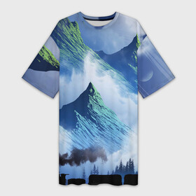Платье-футболка 3D с принтом Поезд в горах в Петрозаводске,  |  | голубое небо | горы | поезд | поезд в горах | природа