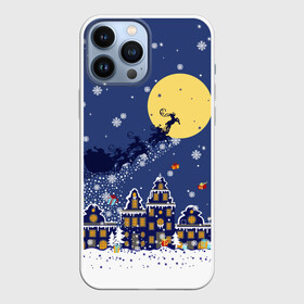 Чехол для iPhone 13 Pro Max с принтом Санта Клаус на оленях в небе в Петрозаводске,  |  | big moon | christmas | city | fly | houses | in the night sky | light in the windows | new year | reindeer | santa claus | большая луна | в ночном небе | город | дома | летят | новый год | олени | рождество | санта клаус