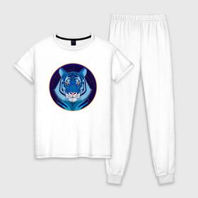 Женская пижама хлопок с принтом Голубой водяной тигр символ 2022 года в Петрозаводске, 100% хлопок | брюки и футболка прямого кроя, без карманов, на брюках мягкая резинка на поясе и по низу штанин | 2022 | водяной | год | гороскоп | китайский | символ | талисман | тигр