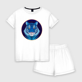 Женская пижама с шортиками хлопок с принтом Голубой водяной тигр символ 2022 года в Петрозаводске, 100% хлопок | футболка прямого кроя, шорты свободные с широкой мягкой резинкой | 2022 | водяной | год | гороскоп | китайский | символ | талисман | тигр