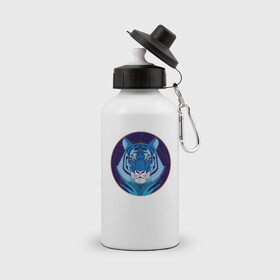 Бутылка спортивная с принтом Голубой водяной тигр символ 2022 года в Петрозаводске, металл | емкость — 500 мл, в комплекте две пластиковые крышки и карабин для крепления | 2022 | водяной | год | гороскоп | китайский | символ | талисман | тигр