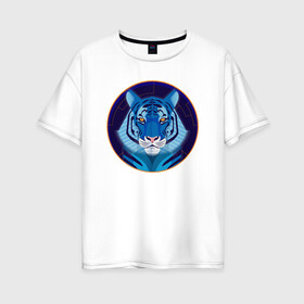 Женская футболка хлопок Oversize с принтом Голубой водяной тигр символ 2022 года в Петрозаводске, 100% хлопок | свободный крой, круглый ворот, спущенный рукав, длина до линии бедер
 | 2022 | водяной | год | гороскоп | китайский | символ | талисман | тигр