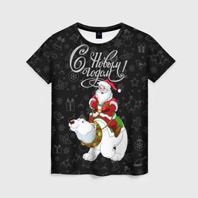 Женская футболка 3D с принтом Санта Клаус на белом медведе в Петрозаводске, 100% полиэфир ( синтетическое хлопкоподобное полотно) | прямой крой, круглый вырез горловины, длина до линии бедер | bells | christmas | gifts | jingle bells | new year | polar bear | riding | santa claus | snowflakes | белый медведь | бубенцы | верхом | дед мороз | колокольчики | новый год | подарки | рождество | санта клаус | снежинки