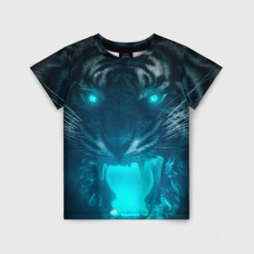 Детская футболка 3D с принтом Неоновый водяной тигр 2022 в Петрозаводске, 100% гипоаллергенный полиэфир | прямой крой, круглый вырез горловины, длина до линии бедер, чуть спущенное плечо, ткань немного тянется | 2022 | водяной тигр | неон | новый год | тигр