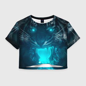 Женская футболка Crop-top 3D с принтом Неоновый водяной тигр 2022 в Петрозаводске, 100% полиэстер | круглая горловина, длина футболки до линии талии, рукава с отворотами | 2022 | водяной тигр | неон | новый год | тигр