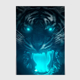 Постер с принтом Неоновый водяной тигр 2022 в Петрозаводске, 100% бумага
 | бумага, плотность 150 мг. Матовая, но за счет высокого коэффициента гладкости имеет небольшой блеск и дает на свету блики, но в отличии от глянцевой бумаги не покрыта лаком | 2022 | водяной тигр | неон | новый год | тигр