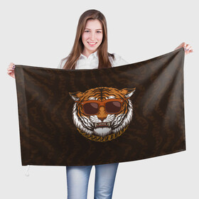 Флаг 3D с принтом Крутой тигр в очках с цепью в Петрозаводске, 100% полиэстер | плотность ткани — 95 г/м2, размер — 67 х 109 см. Принт наносится с одной стороны | furry | tiger | восточный тигр | год тигра | голова | кошка | тигр | тигренок | фурри | хищник