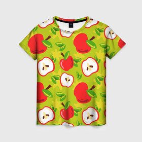 Женская футболка 3D с принтом Яблочки паттерн в Петрозаводске, 100% полиэфир ( синтетическое хлопкоподобное полотно) | прямой крой, круглый вырез горловины, длина до линии бедер | apple | яблоки | яблоко | яблоня | яблочки