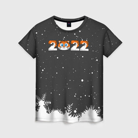 Женская футболка 3D с принтом Новый год 2022 - надпись 2022 в Петрозаводске, 100% полиэфир ( синтетическое хлопкоподобное полотно) | прямой крой, круглый вырез горловины, длина до линии бедер | 2022 | год тигра | новый год | новый год 2022 | символ года | тигр | тигренок | тигрица | тигры