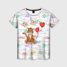 Женская футболка 3D с принтом Милый влюбленный тигренок 2022 в Петрозаводске, 100% полиэфир ( синтетическое хлопкоподобное полотно) | прямой крой, круглый вырез горловины, длина до линии бедер | 2022 | год тигра | новый год | новый год 2022 | символ года | тигр | тигренок | тигрица | тигры
