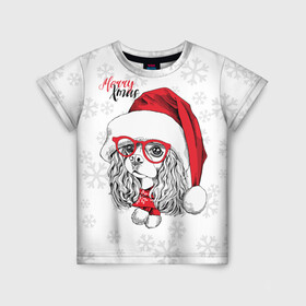 Детская футболка 3D с принтом Happy Christmas кокер спаниель в Петрозаводске, 100% гипоаллергенный полиэфир | прямой крой, круглый вырез горловины, длина до линии бедер, чуть спущенное плечо, ткань немного тянется | Тематика изображения на принте: american | cap | christmas | cocker spaniel | happy christmas | knitted scarf | new year | purebred dog | red | santa claus | snowflakes | американский | вязаный шарф | кокер спаниель | колпак | красные | новый год | очки | породистая собака | р
