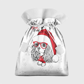 Подарочный 3D мешок с принтом Happy Christmas кокер спаниель в Петрозаводске, 100% полиэстер | Размер: 29*39 см | Тематика изображения на принте: american | cap | christmas | cocker spaniel | happy christmas | knitted scarf | new year | purebred dog | red | santa claus | snowflakes | американский | вязаный шарф | кокер спаниель | колпак | красные | новый год | очки | породистая собака | р