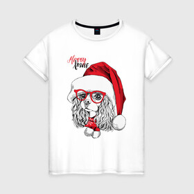 Женская футболка хлопок с принтом Happy Christmas американский кокер спаниель в Петрозаводске, 100% хлопок | прямой крой, круглый вырез горловины, длина до линии бедер, слегка спущенное плечо | american | cap | christmas | cocker spaniel | happy christmas | knitted scarf | new year | purebred dog | red | santa claus | snowflakes | американский | вязаный шарф | кокер спаниель | колпак | красные | новый год | очки | породистая собака | р