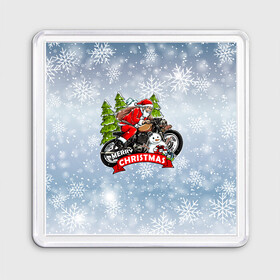 Магнит 55*55 с принтом Санта Байкер Santa on the motorbike в Петрозаводске, Пластик | Размер: 65*65 мм; Размер печати: 55*55 мм | bike | christmas | moto | santa | байк | дед мороз | елка | зима | мотоцикл | новый год | подарок | рождество | санта | снег | снеговик | снежинка