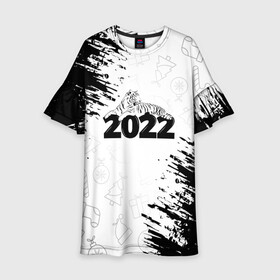 Детское платье 3D с принтом Тигр отдыхает на цифре 2022. в Петрозаводске, 100% полиэстер | прямой силуэт, чуть расширенный к низу. Круглая горловина, на рукавах — воланы | 2022 | happy new year | merry christmas | год тигра | зима близко | нг | новогодний | новогодний тигр | новогодняя символика | новый год | новый год 2022 | рождество | символ 2022 года | снег | снежинки | тигр