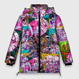 Женская зимняя куртка Oversize с принтом JOJO KILLER QUEEN КОРОЛЕВА УБИЙЦА УЗОР PATTERN в Петрозаводске, верх — 100% полиэстер; подкладка — 100% полиэстер; утеплитель — 100% полиэстер | длина ниже бедра, силуэт Оверсайз. Есть воротник-стойка, отстегивающийся капюшон и ветрозащитная планка. 

Боковые карманы с листочкой на кнопках и внутренний карман на молнии | Тематика изображения на принте: adventure | jojo | jojos bizarre | jojos bizarre adventure | killer queen | yare yare daze | аниме | джоджо | манга | яре яре дазе