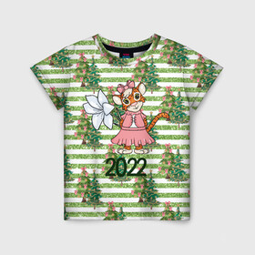 Детская футболка 3D с принтом Милая тигрица с цветком в Петрозаводске, 100% гипоаллергенный полиэфир | прямой крой, круглый вырез горловины, длина до линии бедер, чуть спущенное плечо, ткань немного тянется | Тематика изображения на принте: 2022 | год тигра | новый год | новый год 2022 | символ года | тигр | тигренок | тигрица | тигры