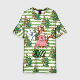 Детское платье 3D с принтом Милая тигрица с цветком в Петрозаводске, 100% полиэстер | прямой силуэт, чуть расширенный к низу. Круглая горловина, на рукавах — воланы | Тематика изображения на принте: 2022 | год тигра | новый год | новый год 2022 | символ года | тигр | тигренок | тигрица | тигры