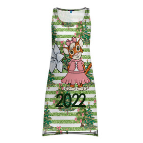 Платье-майка 3D с принтом Милая тигрица с цветком в Петрозаводске, 100% полиэстер | полуприлегающий силуэт, широкие бретели, круглый вырез горловины, удлиненный подол сзади. | 2022 | год тигра | новый год | новый год 2022 | символ года | тигр | тигренок | тигрица | тигры
