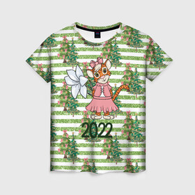 Женская футболка 3D с принтом Милая тигрица с цветком в Петрозаводске, 100% полиэфир ( синтетическое хлопкоподобное полотно) | прямой крой, круглый вырез горловины, длина до линии бедер | 2022 | год тигра | новый год | новый год 2022 | символ года | тигр | тигренок | тигрица | тигры