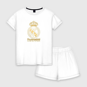 Женская пижама с шортиками хлопок с принтом Real Madrid gold logo в Петрозаводске, 100% хлопок | футболка прямого кроя, шорты свободные с широкой мягкой резинкой | gold logo | madrid | rael madrid | real | spain | золотая эмблема | золотой логотип | испания | королевский клуб | ла лига | лига чемпионов | мадрид | реал | реал мадрид | сливочные | футбол | чемпионат испании