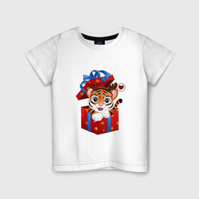 Детская футболка хлопок с принтом Тигрин сюрприз в Петрозаводске, 100% хлопок | круглый вырез горловины, полуприлегающий силуэт, длина до линии бедер | Тематика изображения на принте: new year | арт | графика | зима | новый год | подарок | рождество | тигр
