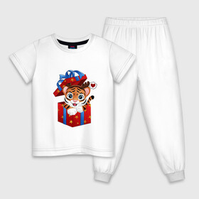 Детская пижама хлопок с принтом Тигрин сюрприз в Петрозаводске, 100% хлопок |  брюки и футболка прямого кроя, без карманов, на брюках мягкая резинка на поясе и по низу штанин
 | Тематика изображения на принте: new year | арт | графика | зима | новый год | подарок | рождество | тигр