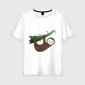 Женская футболка хлопок Oversize с принтом Ленивец на ветке в Петрозаводске, 100% хлопок | свободный крой, круглый ворот, спущенный рукав, длина до линии бедер
 | джунгли | животное | животные | звери | зверь | ленивец | тропики | экзотика