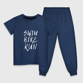Детская пижама хлопок с принтом SWIM BIKE RUN в Петрозаводске, 100% хлопок |  брюки и футболка прямого кроя, без карманов, на брюках мягкая резинка на поясе и по низу штанин
 | bike | run | running | swim | бег | велоспорт | выносливость | плавание | триатлон | цикличные