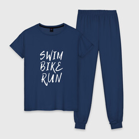Женская пижама хлопок с принтом SWIM BIKE RUN в Петрозаводске, 100% хлопок | брюки и футболка прямого кроя, без карманов, на брюках мягкая резинка на поясе и по низу штанин | bike | run | running | swim | бег | велоспорт | выносливость | плавание | триатлон | цикличные