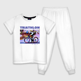 Детская пижама хлопок с принтом Триспорт в Петрозаводске, 100% хлопок |  брюки и футболка прямого кроя, без карманов, на брюках мягкая резинка на поясе и по низу штанин
 | bike | run | swim | triathlon | triatlon | бег | велогонщик | велоспорт | выносливость | картина | краска | плавание | триатлон