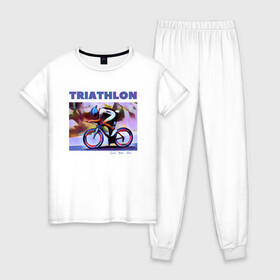 Женская пижама хлопок с принтом Триспорт в Петрозаводске, 100% хлопок | брюки и футболка прямого кроя, без карманов, на брюках мягкая резинка на поясе и по низу штанин | bike | run | swim | triathlon | triatlon | бег | велогонщик | велоспорт | выносливость | картина | краска | плавание | триатлон