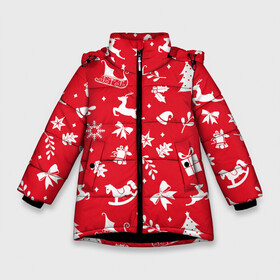 Зимняя куртка для девочек 3D с принтом Паттерн новогодней атрибутики в Петрозаводске, ткань верха — 100% полиэстер; подклад — 100% полиэстер, утеплитель — 100% полиэстер. | длина ниже бедра, удлиненная спинка, воротник стойка и отстегивающийся капюшон. Есть боковые карманы с листочкой на кнопках, утяжки по низу изделия и внутренний карман на молнии. 

Предусмотрены светоотражающий принт на спинке, радужный светоотражающий элемент на пуллере молнии и на резинке для утяжки. | 2022 | newyear | новыйгод | праздник | праздники